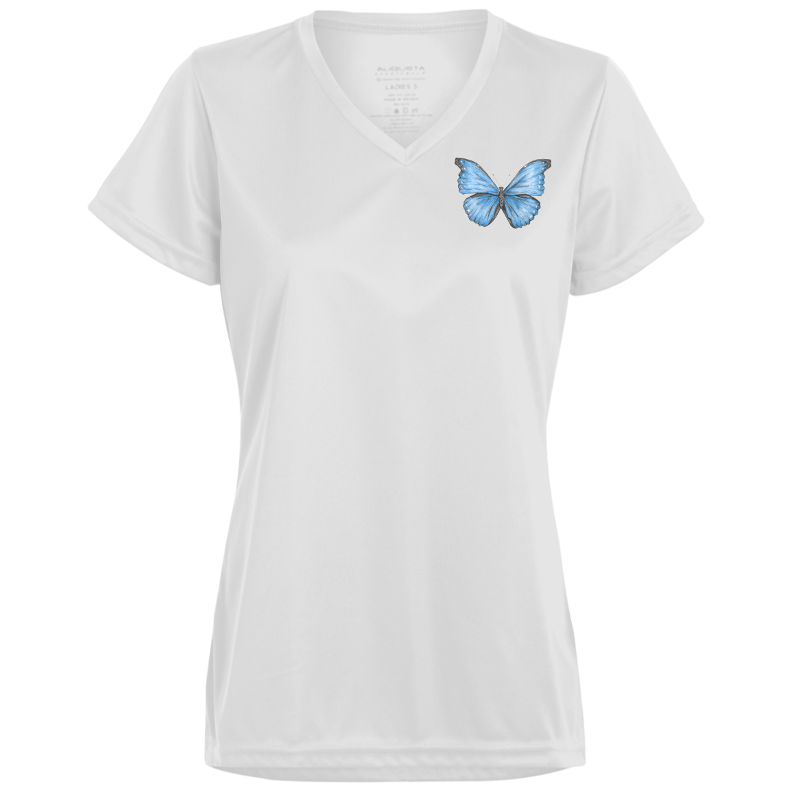 ladies white v neck tee multiple sizes with cramers blue morpho butterfly