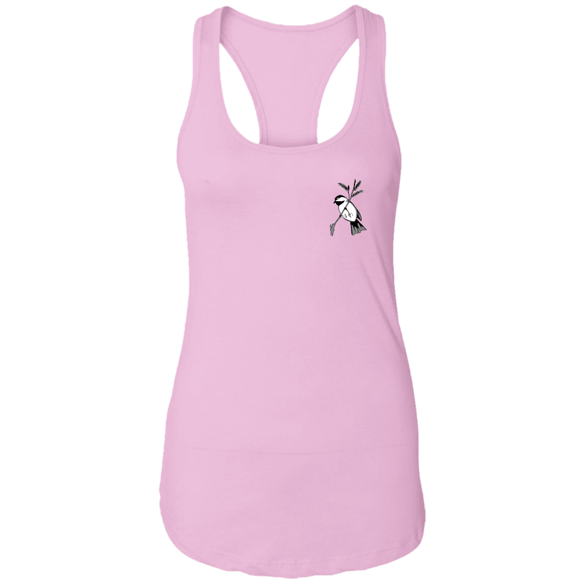 Pink racerback tank multiple sizes with black capped chickadee