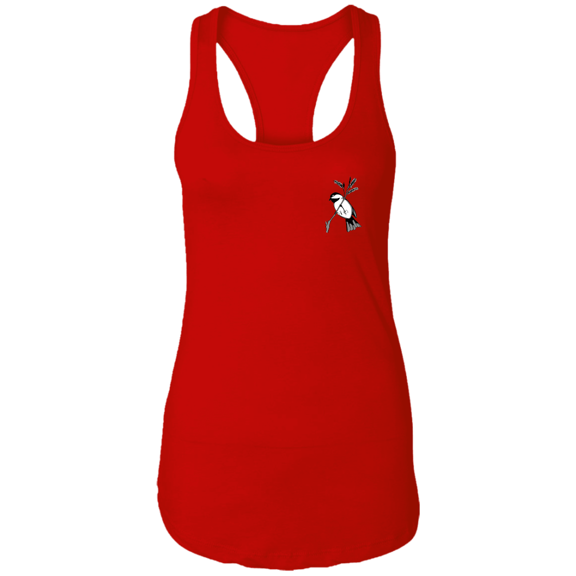 red ladies racerback tee multiple sizes with black capped chickadee